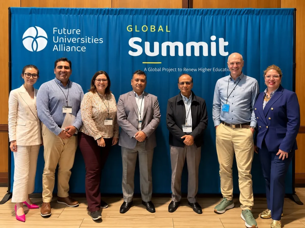 Jorge Cardona y Emily Moradel, de la Universidad Zamorano, junto a otros participantes frente al banner del Global Summit de Future Universities Alliance